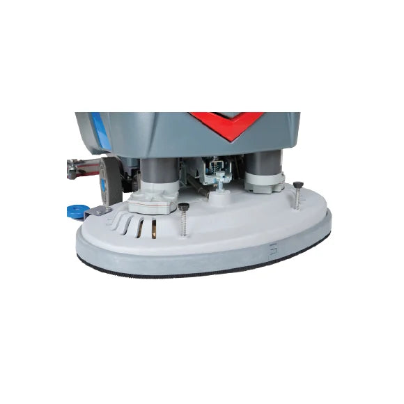 Close-up of the ICE i28BT cast aluminum dual-disc scrub deck with its red front light