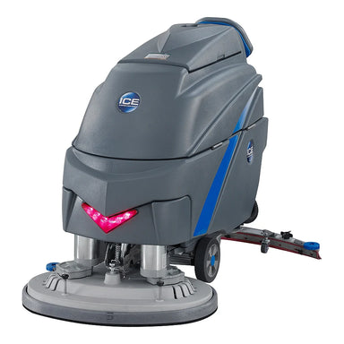 ICE i28BT floor scrubber from the front left, showing the red front light, dual-disc scrub deck and curved squeegee