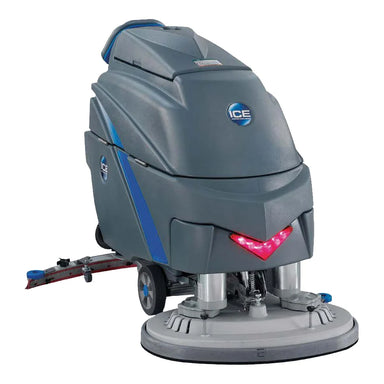 ICE i28BT 28-inch walk-behind floor scrubber, front right view, on white