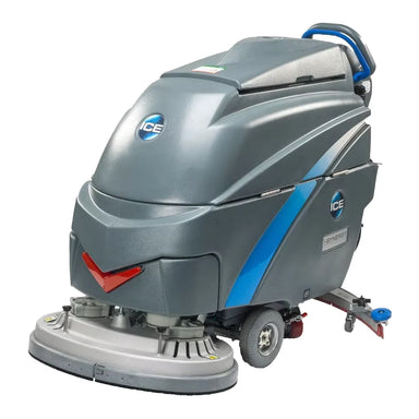 ICE i28BTL+ walk-behind floor scrubber, angled view showing the ICE and i-Synergy decals