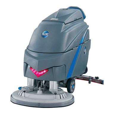 ICE i28BTL+ 28-inch lithium walk-behind floor scrubber, front left view, on white