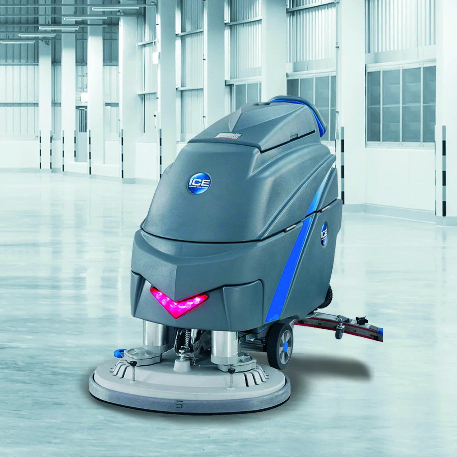 ICE i28BTL+ i-Synergy walk-behind floor scrubber parked on a concrete floor