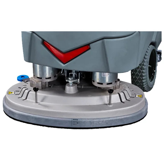 Close-up of the ICE i36BT dual-disc scrub deck with its two brush motors