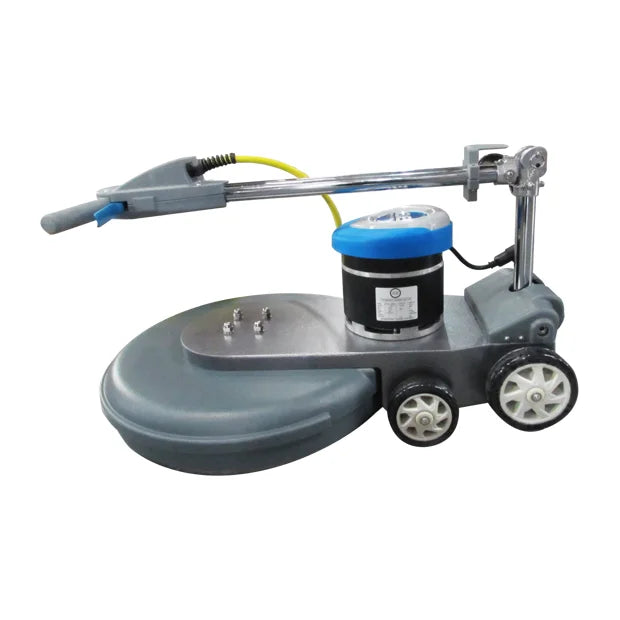 ICE iB1500 floor burnisher with the handle folded down flat over the motor for storage and transport