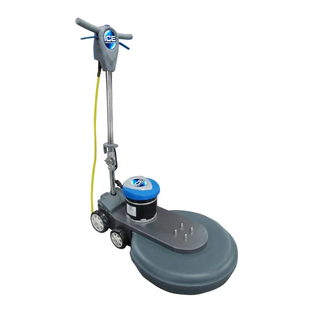 ICE iB1500 floor burnisher from the rear left, showing the motor, rear wheels and yellow power cord running up the handle