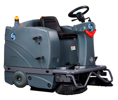 ICE iS1100L+ ride-on floor sweeper side profile showing the debris hopper, operator seat and side brush