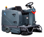 ICE iS1100L+ ride-on floor sweeper side profile showing the debris hopper, operator seat and side brush