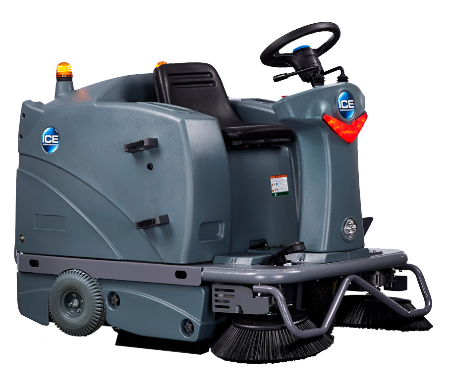 ICE iS1100L+ ride-on floor sweeper side profile showing the debris hopper, operator seat and side brush