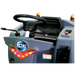 Front three-quarter view of the ICE iS1100L+ ride-on sweeper showing the steering wheel, seat, beacon light and front LED lights
