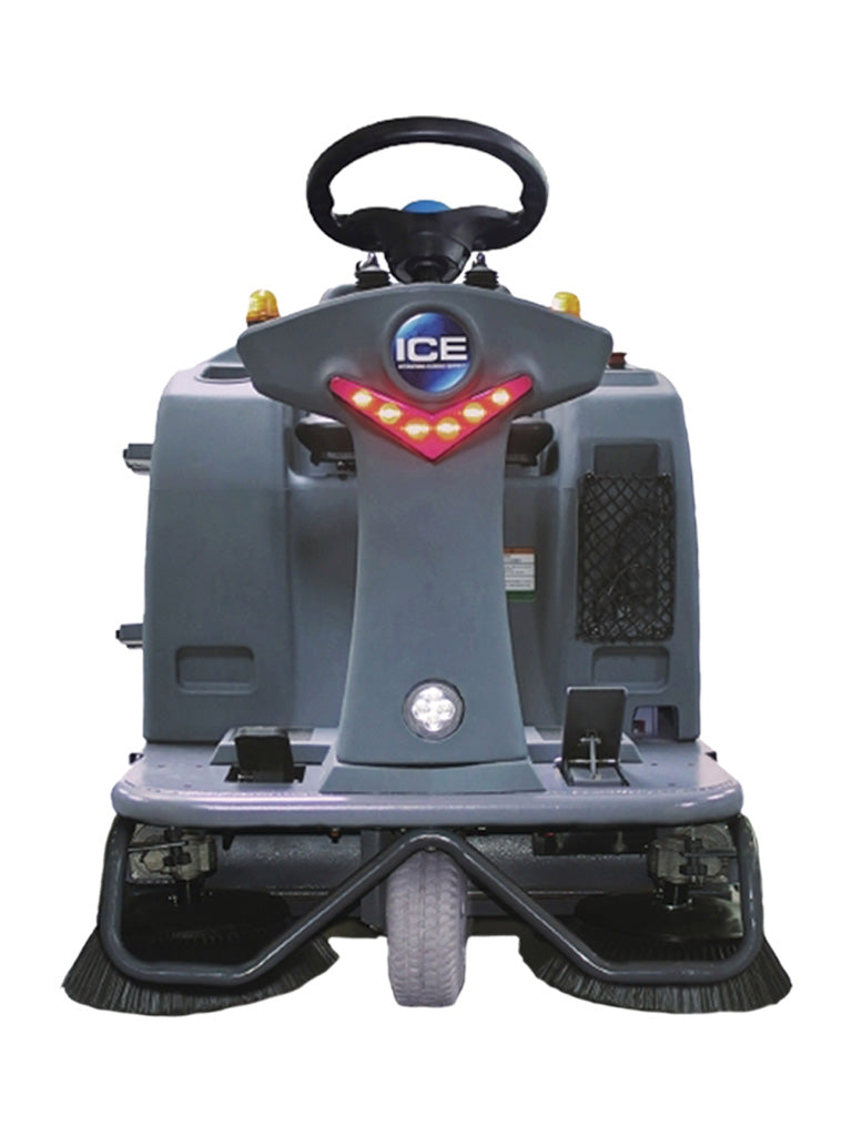 Head-on front view of the ICE iS1100L+ ride-on floor sweeper showing both front LED light strips and the front wheel
