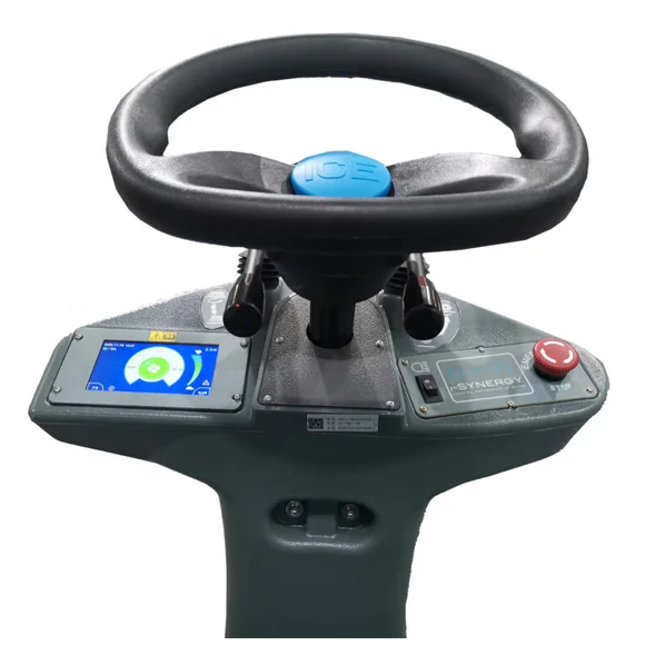 Steering wheel and color touch-panel control display on the ICE iS1100L+ ride-on floor sweeper