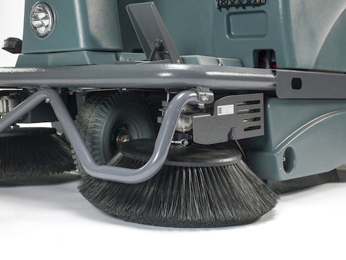 Close-up of the round side brush and front frame on the ICE iS1100L+ ride-on sweeper