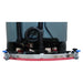 Rear view of an ICE rider scrubber's curved squeegee with red blade, blue adjustment knobs and the black vacuum hose above it