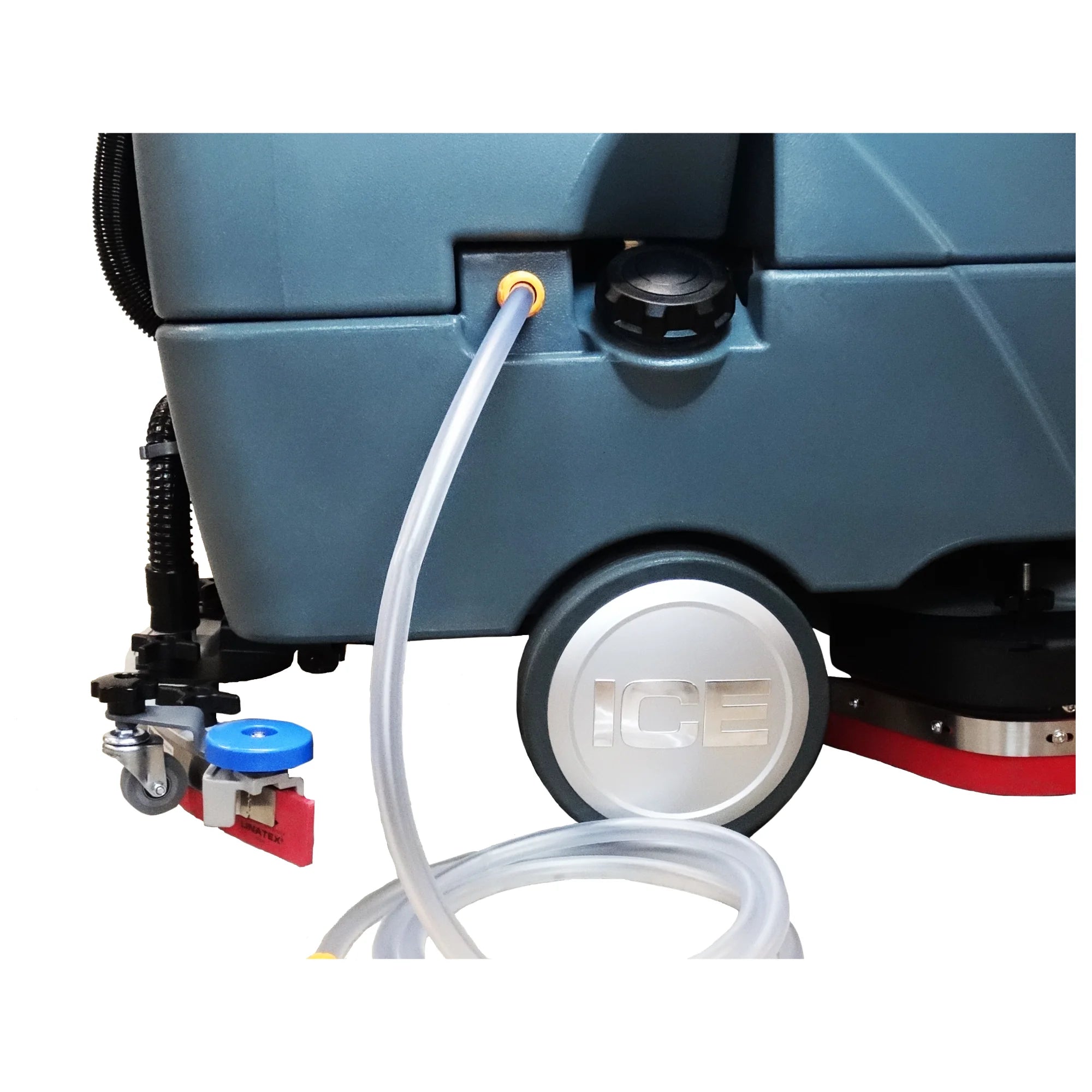 Clear fill hose plugged into the solution tank port on the side of an ICE rider scrubber, above the rear wheel