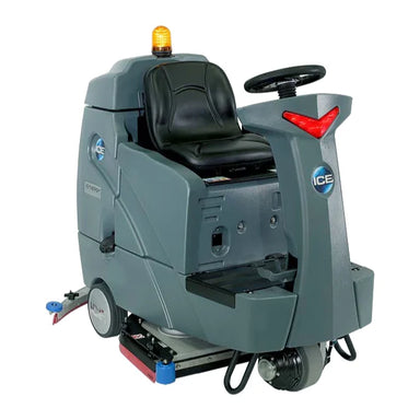 ICE RS26+ 26-inch ride-on floor scrubber in gray with a black seat, amber beacon and red lights on the steering column, front right angle on a white background