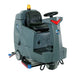 ICE RS26+ 26-inch ride-on floor scrubber in gray with a black seat, amber beacon and red lights on the steering column, front right angle on a white background