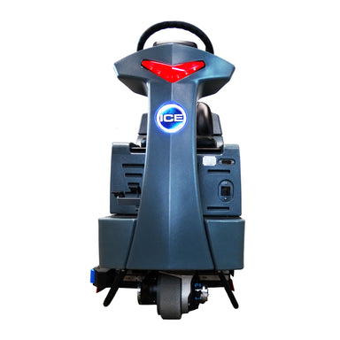 ICE rider floor scrubber seen from straight ahead, showing the steering column with its lit red chevron, the ICE logo and the front drive wheel