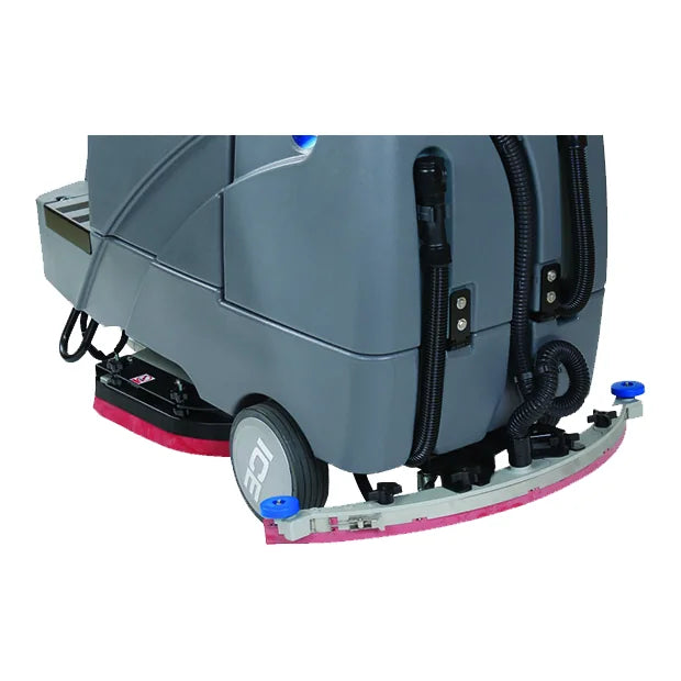 Close-up of the ICE RS28-OB rear squeegee, red pad and orbital deck skirt under the machine
