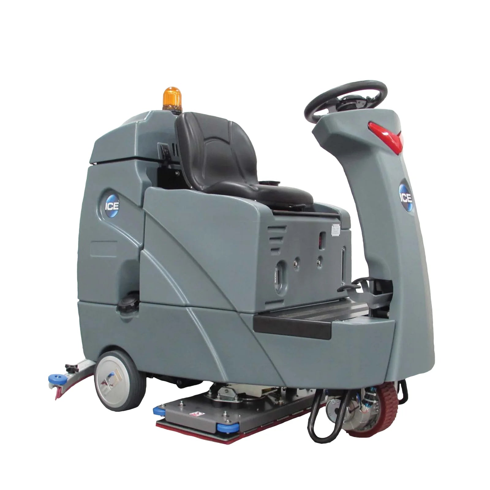 ICE RS28-OB orbital ride-on floor scrubber with gray body, black seat, amber beacon and rectangular orbital pad deck, front left angle on a white background