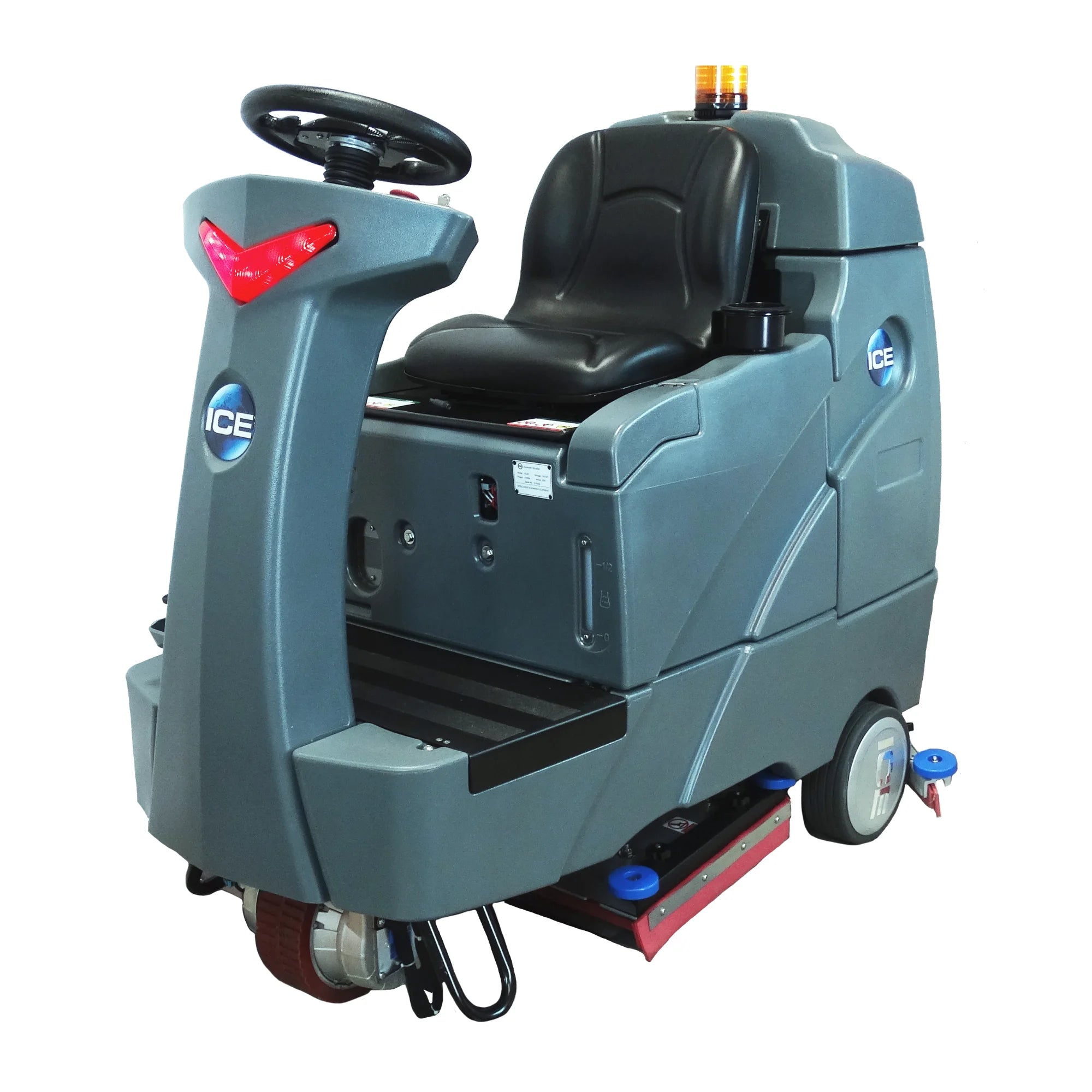 ICE RS28-OB orbital ride-on floor scrubber from the front right, showing the steering column with red light bar, black seat, amber beacon and orbital pad deck, on a white background