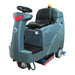 ICE RS28-OB orbital ride-on floor scrubber from the front right, showing the steering column with red light bar, black seat, amber beacon and orbital pad deck, on a white background