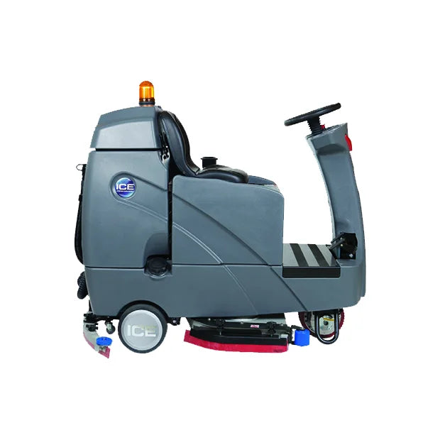 Left side view of the ICE RS28-OB ride-on scrubber with the squeegee and orbital pad deck lowered