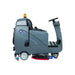 Left side view of the ICE RS28-OB ride-on scrubber with the squeegee and orbital pad deck lowered
