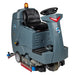 ICE RS28L-CY cylindrical ride-on floor scrubber from the front left, showing the seat, steering wheel, amber safety light and scrub deck