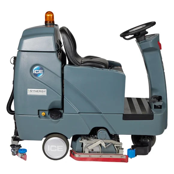Left side view of the ICE RS28L-CY ride-on scrubber, showing the cylindrical brush deck, rear wheel and squeegee