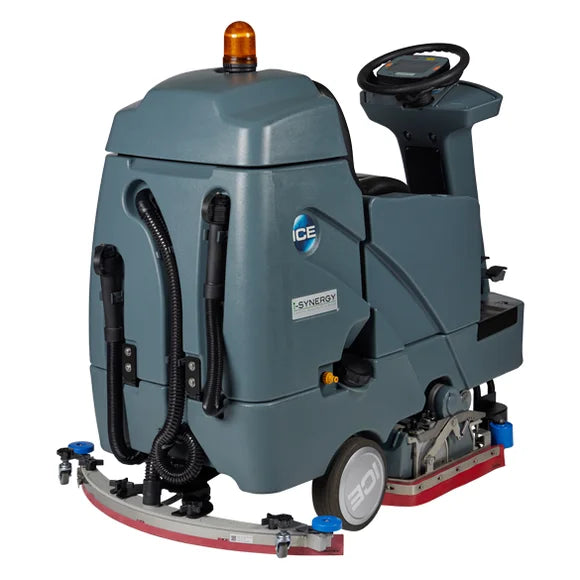 ICE RS28L-CY ride-on scrubber from the rear left, showing the recovery tank, vacuum and drain hoses and the curved rear squeegee