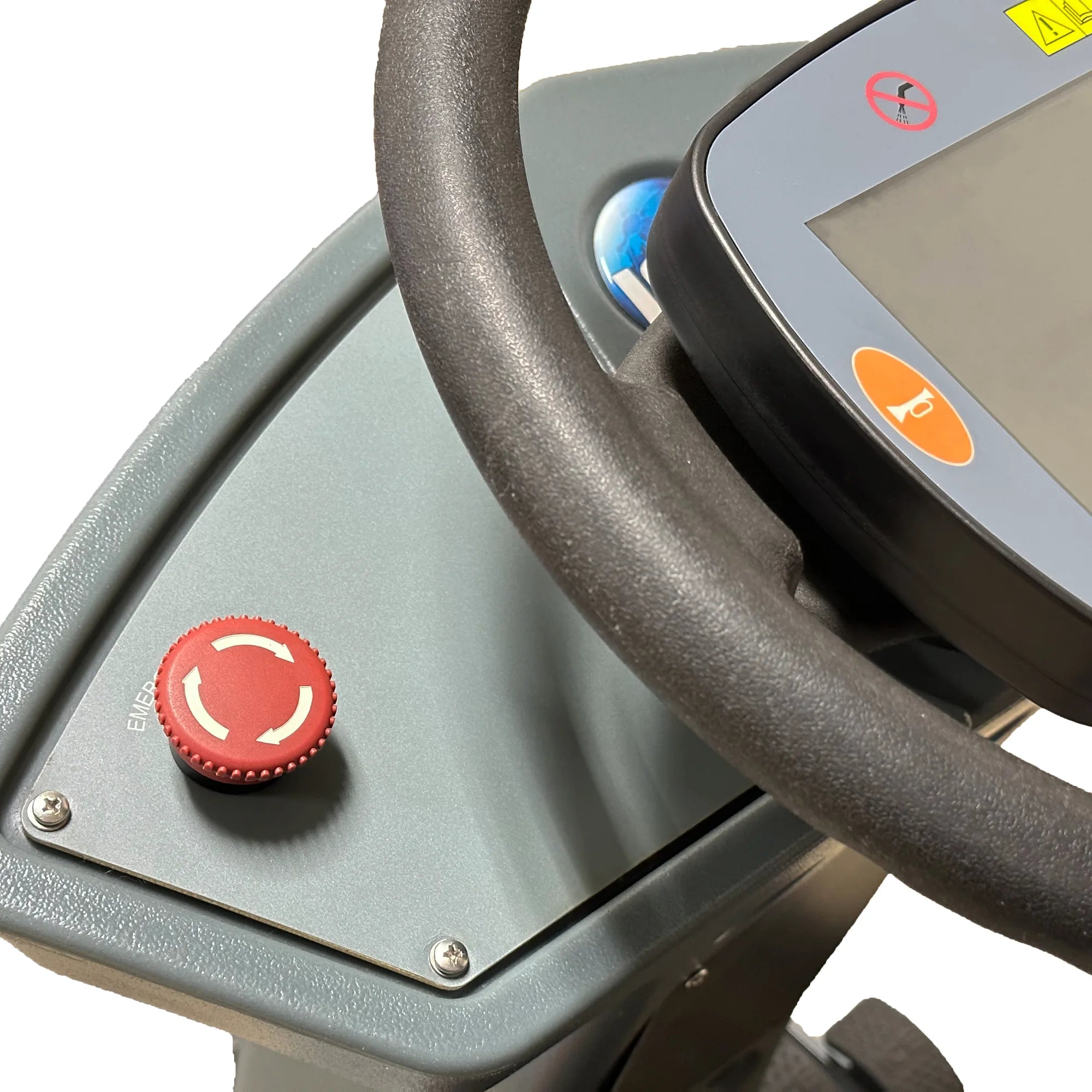 Close-up of the red emergency stop button on the dash of an ICE rider scrubber