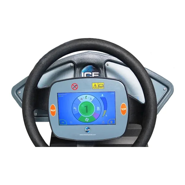 Touch-panel display and steering wheel on an ICE rider scrubber, with the battery gauge and function icons