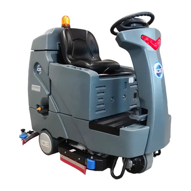 ICE RS32+ ride-on scrubber from the front, showing the steering column with the ICE logo, the operator seat and the scrub deck