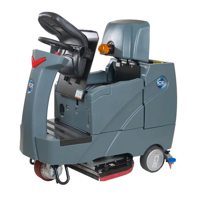 ICE RS32+ rider scrubber from a rear angle, showing the curved squeegee behind the scrub deck