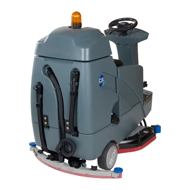 Side three-quarter view of the gray ICE RS32+ rider scrubber with its amber safety beacon