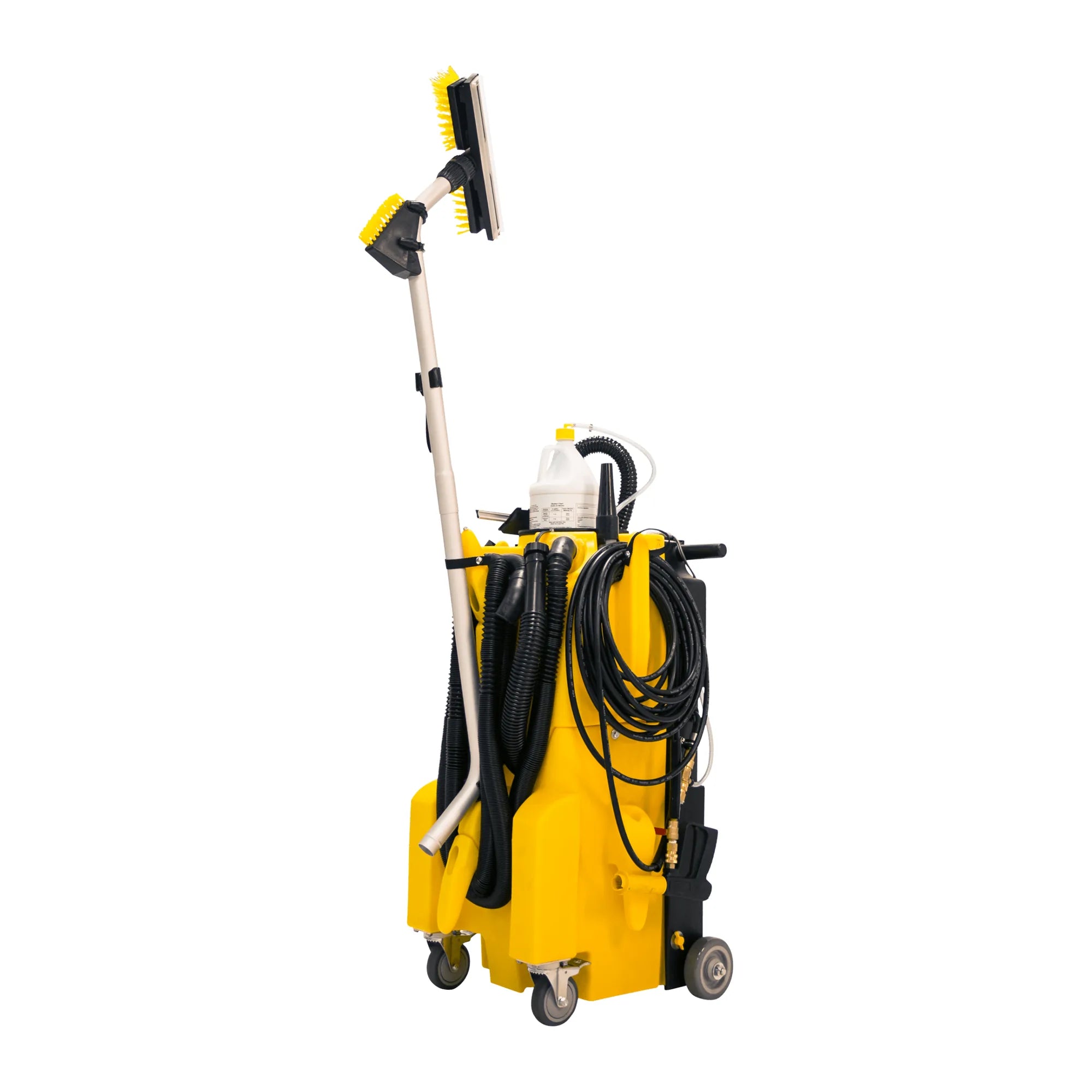 KaiVac 1250 corded No-Touch Cleaning machine, yellow, front left view with vacuum wand and hoses