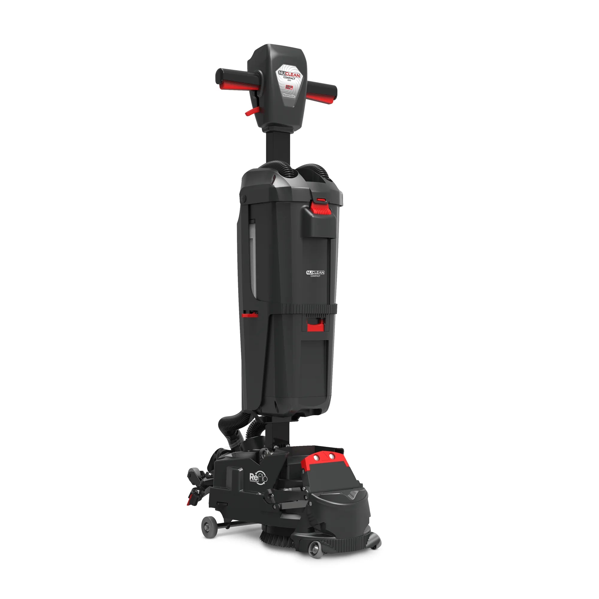NaceCare 220NX standing upright in its parked position, right rear angle showing the scrub deck and foot pedal
