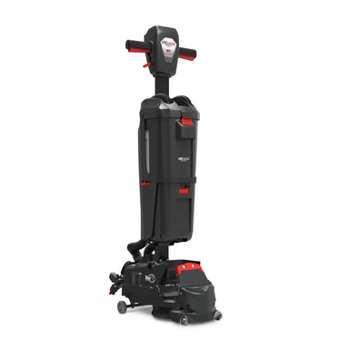 NaceCare 220NX standing upright in its parked position, right rear angle showing the scrub deck and foot pedal