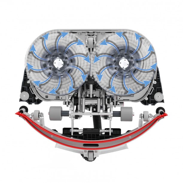 NaceCare 244NX Ultra-Compact Scrubber Bottom Diagram view showing the direction of rotation on each of the two brushes