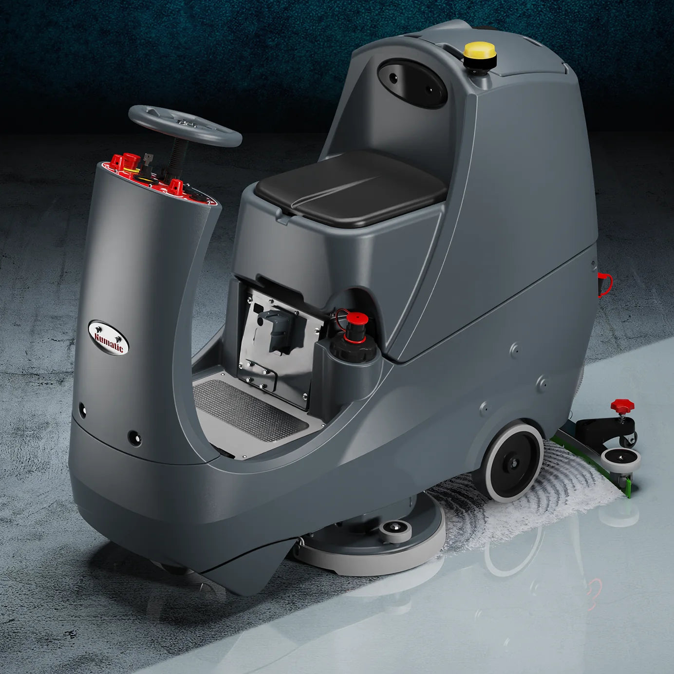 NaceCare CRL 2128 compact ride-on floor scrubber in a commercial building