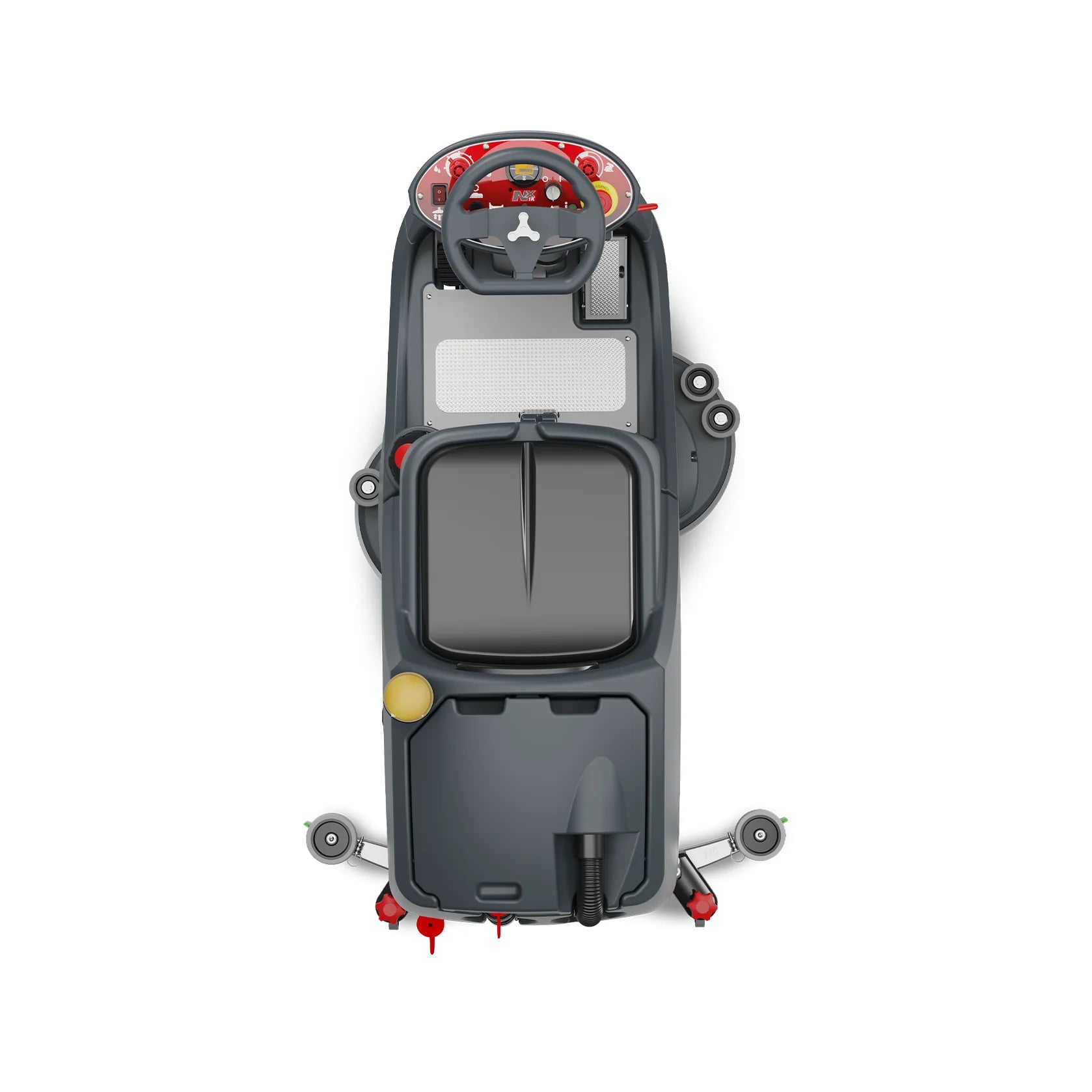 Operator's station of the NaceCare CRL 2128 ride-on scrubber seen from above, with the steering wheel and controls