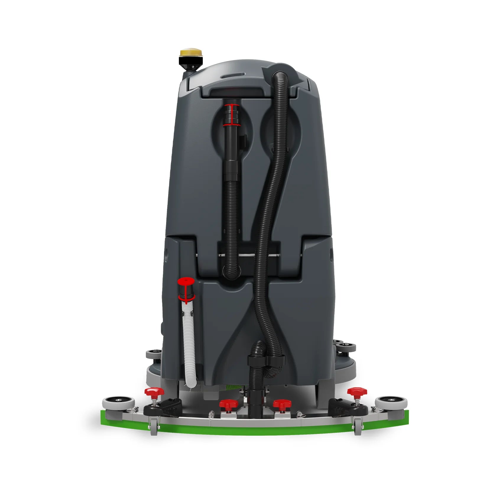 NaceCare CRL 2128 ride-on scrubber showing the vacuum hose and red tank handles