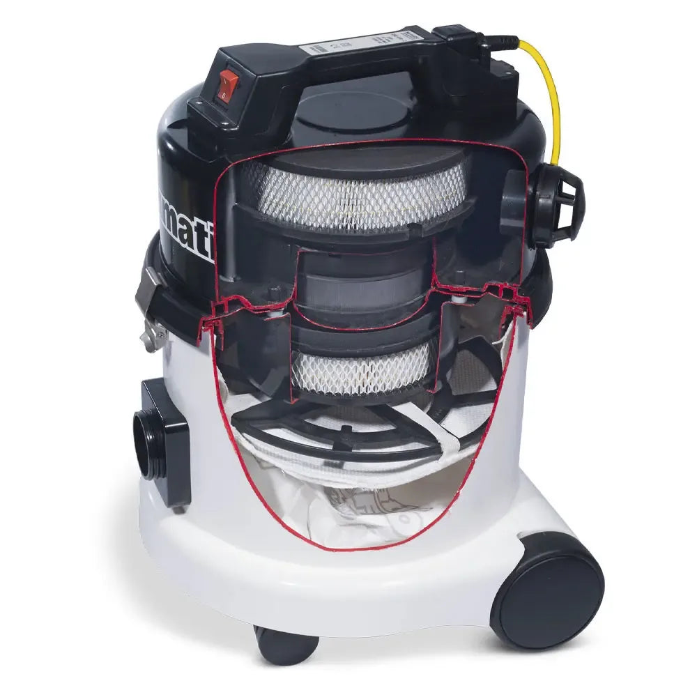 Cutaway of the CRQ 370 showing the bag, filters and motor inside