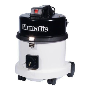 NaceCare CRQ 370 clean room vacuum with white drum and black motor head, front view