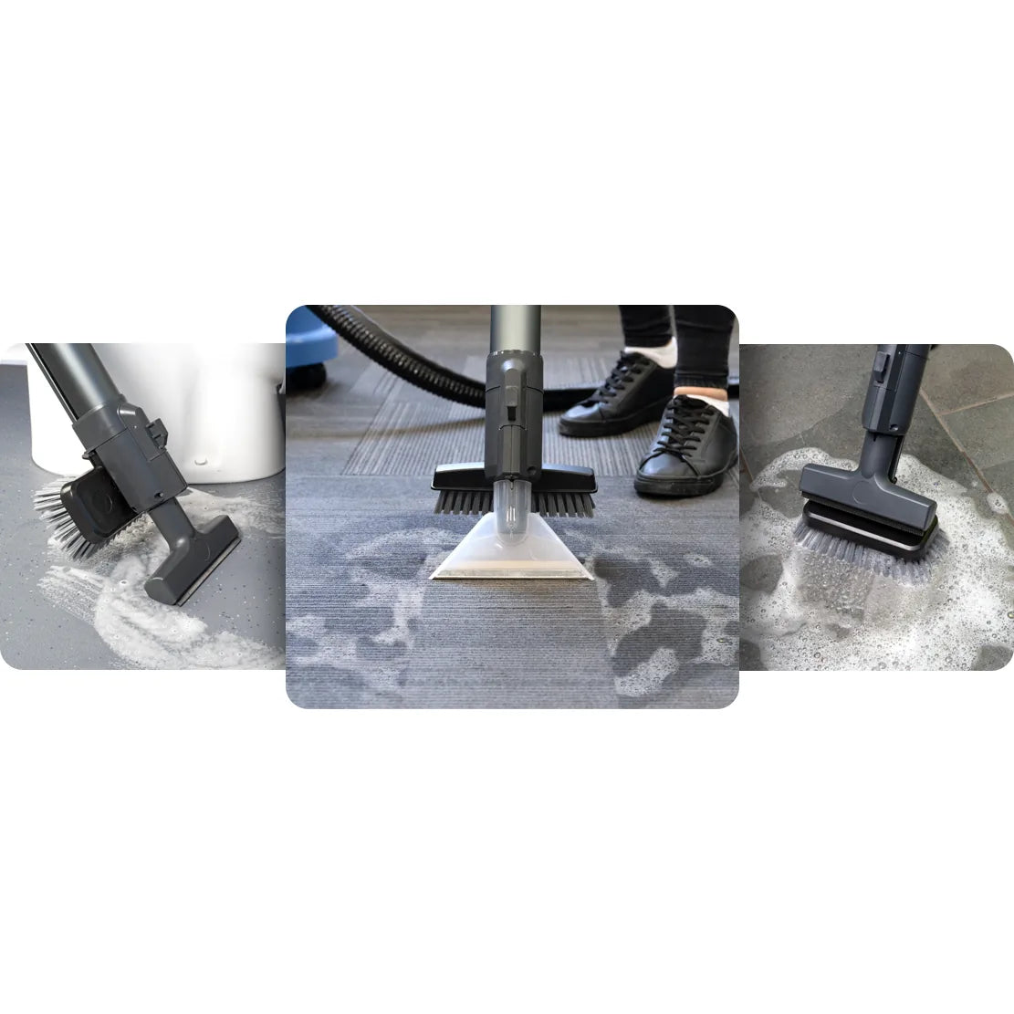 Close-ups of the CTB 370NX spraying, scrubbing and extracting a floor