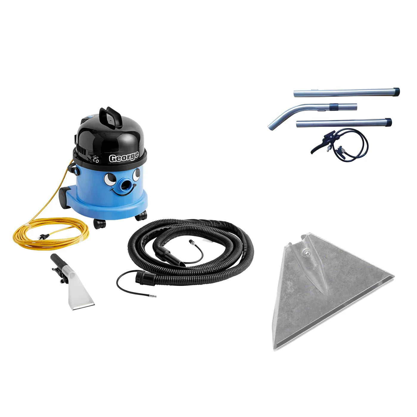George with its hose and hand tool, plus the 601042 three-piece extraction wand and the 601423 floor nozzle