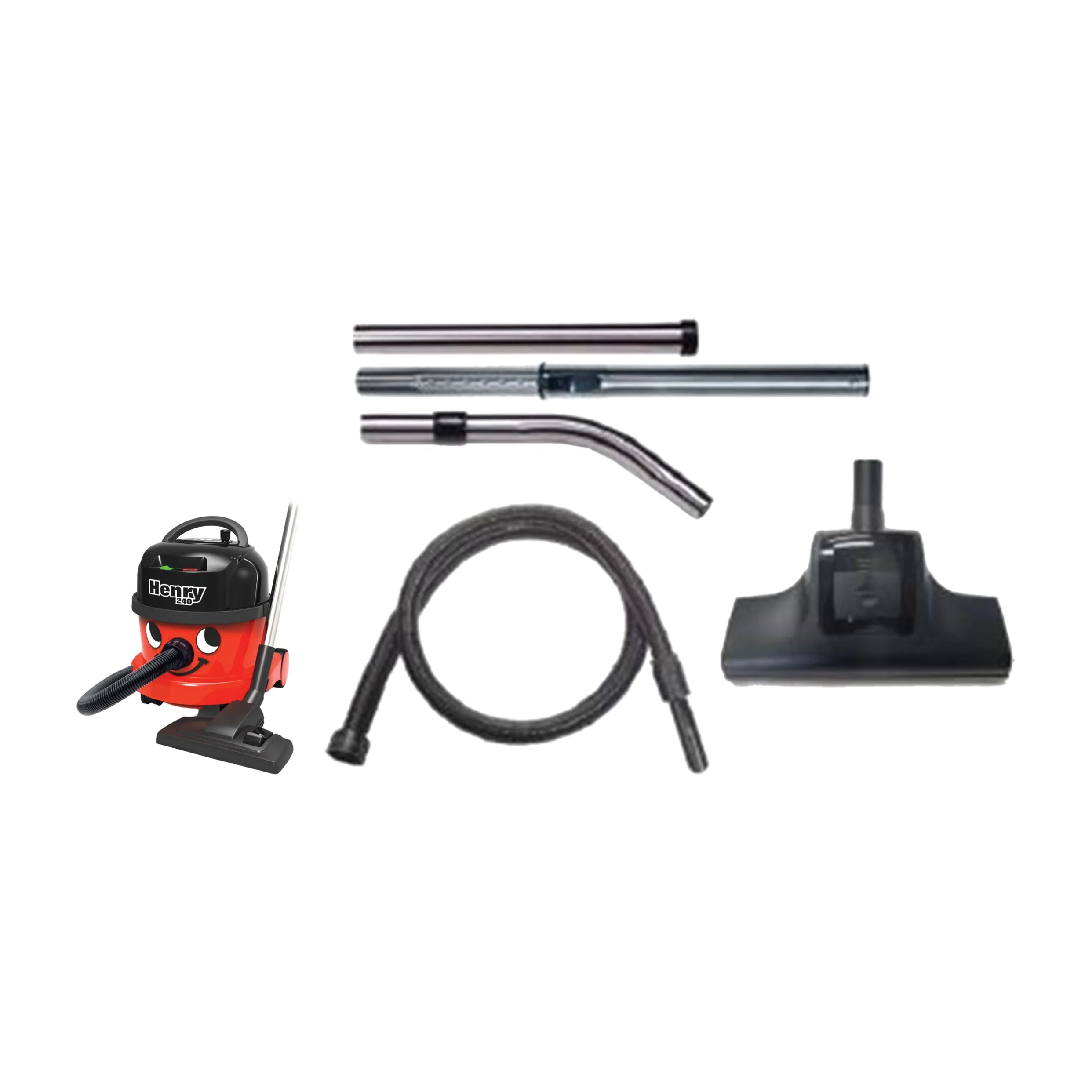 Henry PPR 240 canister vacuum next to the AST3 kit with air-driven power head, wand and hose