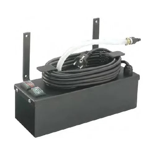 HT 1800 heater box from the side with its two hanging brackets and coiled cord