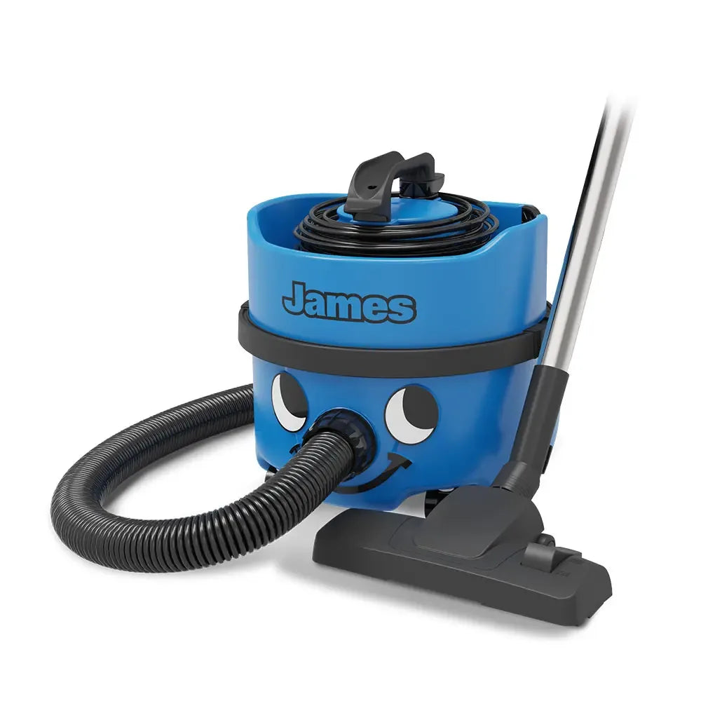 James canister vacuum from the side with hose, wand and floor tool attached