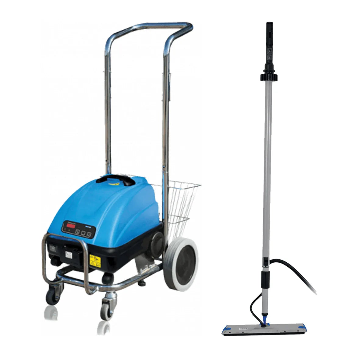 JS 1600C steam cleaner on its vapor machine cart, shown next to the optional steam mop